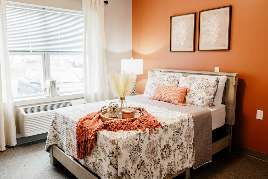 One of the bedrooms in this assisted living and memory care facility