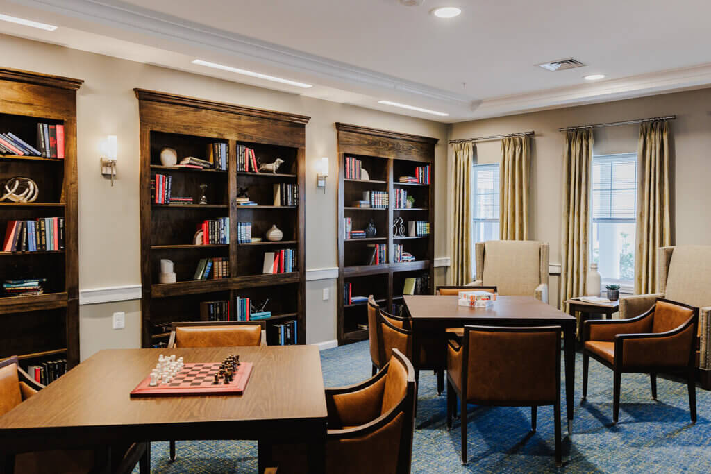 The library in the All American Assisted Living at Tinton Falls