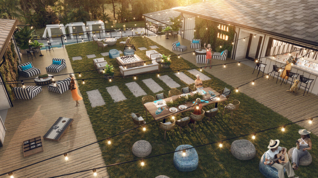 Rendering of aerial view of patio at Discovery Place at Celebration Pointe -courtesy of New Republic Architecture