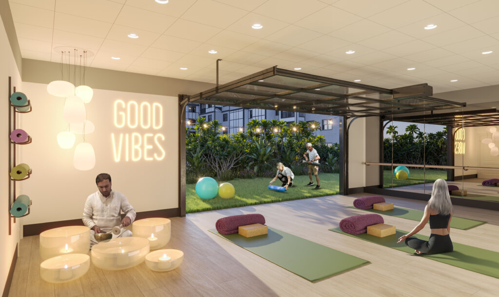 Rendering of yoga room at Discovery Place at Celebration Pointe -courtesy of New Republic Architecture