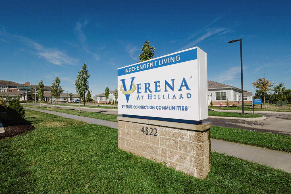 Sign for the Verena at Hilliard Senior Living Community, located in Hilliard, OH and built by The Douglas Company