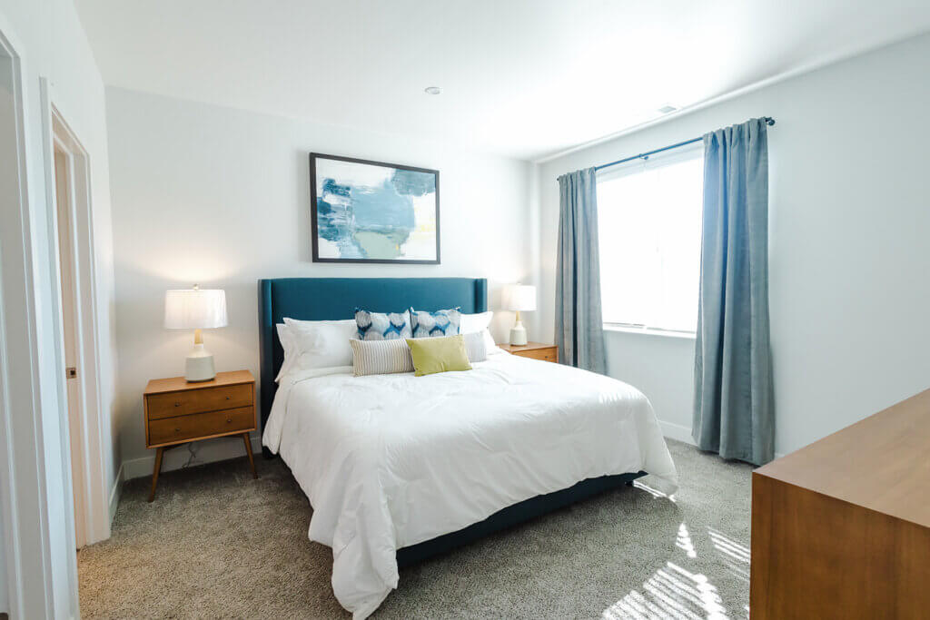 Interior of a bedroom in one of the cottages